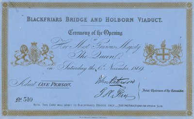 Einladung zur Eröffnung der Blackfriars Brücke und des Holborn Viadukts von English School