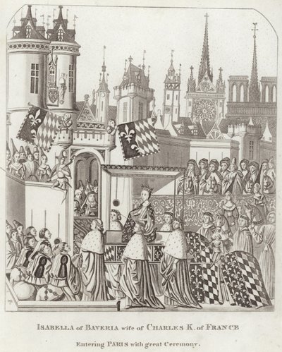 Isabella von Bayern, Ehefrau von Karl K. von Frankreich, zieht mit großem Zeremoniell in Paris ein von English School
