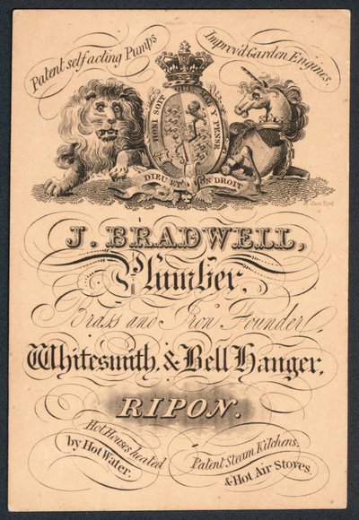 J Bradwell, Klempner, Messing- und Eisenformer, Weißschmied und Glockenaufhänger, Visitenkarte von English School
