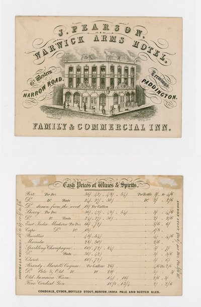 J Pearson, Warwick Arms Hotel, Visitenkarte (Vorder- und Rückseite) von English School