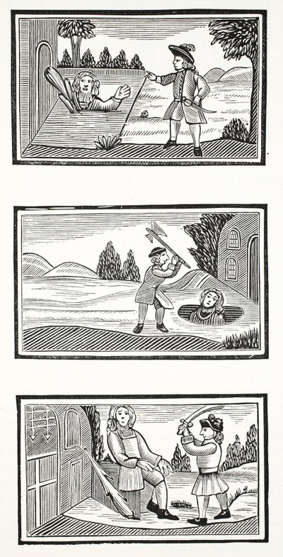 Jack und die Riesen, Illustration aus Chap-books des achtzehnten Jahrhunderts von John Ashton, veröffentlicht 1882 von English School