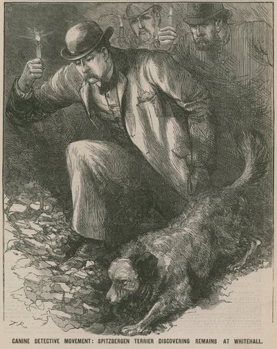Jack the Ripper: Spitbergen Terrier entdeckt Überreste in Whitehall (Gravur) von English School