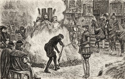 John Bland, John Frankesh, Nicholas Sheterden und Humphrey Middleton lebendig verbrannt wegen Ketzerei im 16. Jahrhundert, um 1865 (Holzstich) von English School