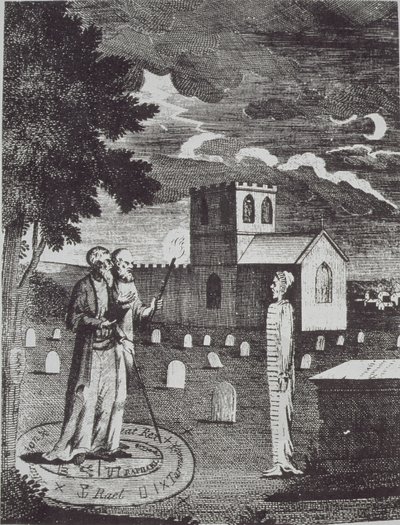 John Dee und Edward Kelly beschwören die Toten, aus einer Geschichte der Magie, veröffentlicht im späten 19. Jahrhundert von English School