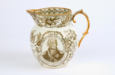 Krug mit Transferdesigns zur Erinnerung an die Schlachten und Ehren von Horatio Nelson (1758-1805), ca. 1805 von English School
