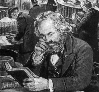 Karl Marx studiert und schreibt im Lesesaal des British Museum von English School