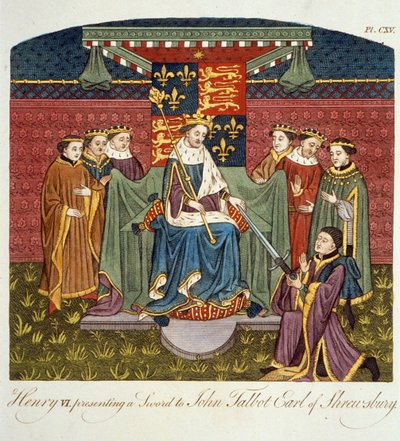 König Heinrich VI. (1421-71) überreicht ein Schwert an John Talbot (ca. 1388-1453) Earl of Shrewsbury, Illustration aus The Complete View of the Dress and Habits of the People of England Volume II, veröffentlicht 1799 von English School