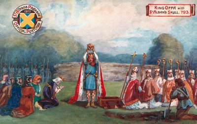 König Offa mit dem Schädel von St. Alban, 793; St. Albans Festzug von English School
