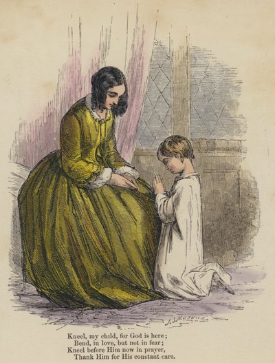 Knie nieder, mein Kind, denn Gott ist hier; Beuge dich in Liebe, aber nicht in Angst; Knie jetzt im Gebet vor Ihm, danke Ihm für Seine ständige Fürsorge von English School