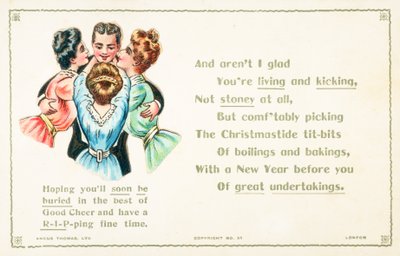 Damen überschütten Herrn mit Zuneigung, Weihnachts-Neujahrskarte von English School