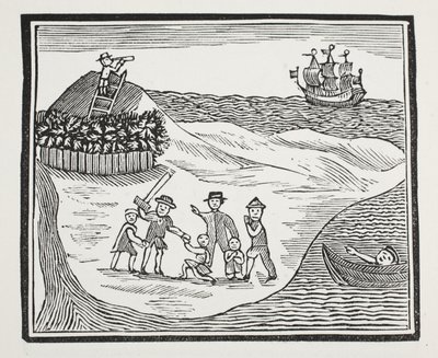 Landung der meuternden Besatzung auf der Insel, Illustration aus Chap-books des achtzehnten Jahrhunderts von John Ashton, veröffentlicht 1882 von English School