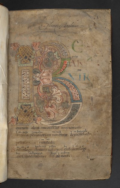 Großer Initial mit Tierkopf-Endstücken, Flechtwerk und Blattdekoration in Rosa, Orange, Gelb, Grün und Blau von English School