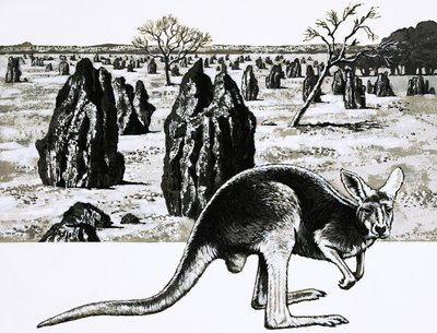 Große Termitenhügel in der Nähe von Darwin, Australien, und ein Känguru im Vordergrund von English School