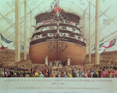 Stapellauf der H.M.S. Royal Albert, Schraubendampfer, 131 Kanonen, in Woolwich, 13. Mai 1854 von English School