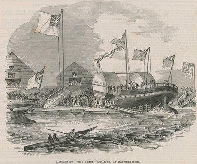 Stapellauf des Dampfers Ariel in Rotherhithe von English School