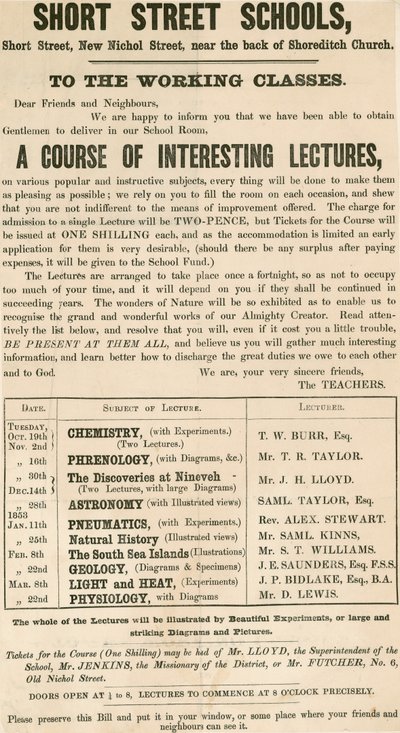 Flugblatt, das einen Kurs von Vorlesungen für die Arbeiterklasse bewirbt von English School