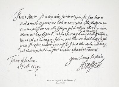 Brief von Lord Strafford an seine Frau, aus dem Tower of London, 4. Februar 1640 von English School