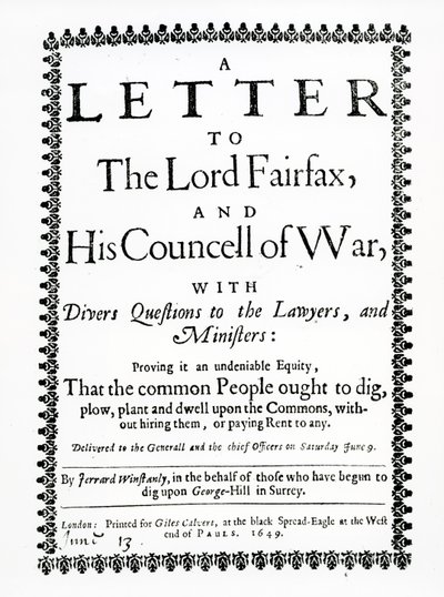 Brief an Lord Fairfax von Gerrard Winstanley im Namen der Diggers auf St. George Hill, Surrey, gedruckt 1649 von English School