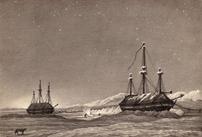 Leutnant William Parrys erste Reise: H.M.S. Hecla und H.M.S. Griper im Winterhafen, ca. 1819 von English School