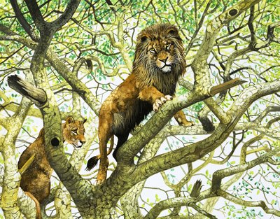 Löwe und Löwin auf einem Baum von English School