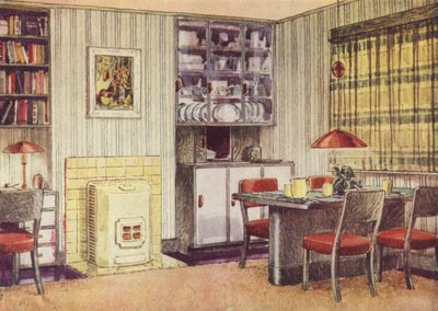 Wohnzimmer mit Essbereich und Festbrennstofffeuer von English School