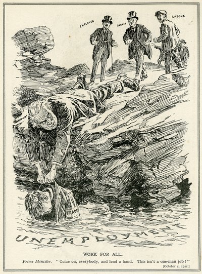 Lloyd George fordert Arbeitgeber, Banker und Arbeiter auf, zusammenzuarbeiten, um die Arbeitslosigkeit zu besiegen, 1921 von English School