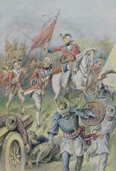 Lord Clive befehligt die Briten in der Schlacht von Plassey, Indien, 1757 von English School