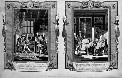 Lord Cromwell überreicht die Bibel an Heinrich VIII. und Bischöfe überreichen Petition an Jakob II. im Jahr 1688, aus 