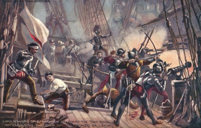Lord Howard von Effingham auf der Ark Royal, im Kampf mit Don Alonzo da Leyva, Spanische Armada von English School