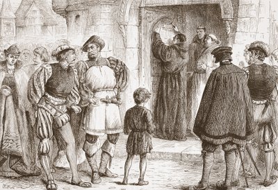Luther nagelt seine Thesen an die Tür der Schlosskirche in Wittenberg, Illustration aus Die Geschichte des Protestantismus von James Aitken Wylie, veröffentlicht 1878 von English School