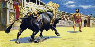 Lygia war an den Rücken eines schwarzen Stiers gebunden von English School