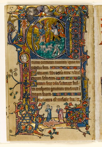 MS 1-2005, fol. 139v: Die Verkündigung an die Hirten, historiierte Initiale aus dem Macclesfield Psalter, Use of Sarum, Ostanglien, um 1330 von English School