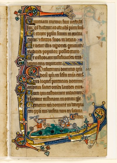 MS 1-2005, fol. 151r: Ein Hund und ein Hase beim Turnier, Randdekoration aus dem Macclesfield Psalter, Use of Sarum, Ostanglien, um 1330 von English School
