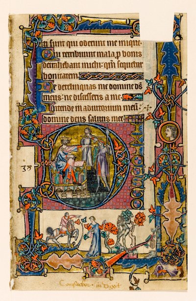 MS 1-2005, fol. 58r: Saul schickt Doeg, um die Priester von Nob zu töten, historiierte Initiale aus dem Macclesfield Psalter, Use of Sarum, Ostanglien, um 1330 von English School
