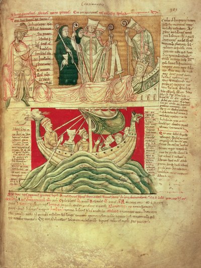 MS CCC 157 p.383 Die Träume, die König Heinrich I. in der Normandie im Jahr 1130 träumte, aus der Worcester-Chronik, ca. 1130-40 (Pergament) eingefügt ca. 1140 von John of Worcester in die Chronik, die von Florence of Worcester (gest. 1118) begonnen wurde; von English School