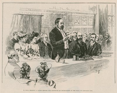 M Emile Zola liest ein Papier vor dem Institut der Journalisten in der Halle von Lincolns Inn, London von English School