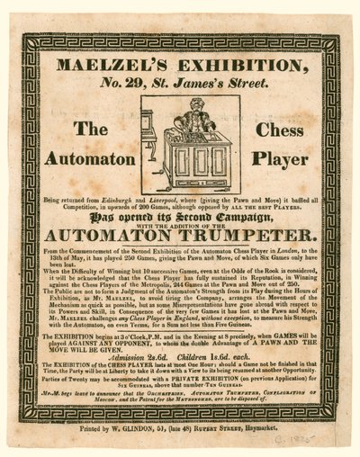 Maelzels Ausstellung, 29 St Jamess Street, der Schachautomat, ca. 1825 von English School