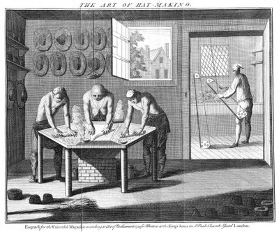 Herstellung von Biberhüten, aus The Universal Magazine, London, veröffentlicht 1750 von English School