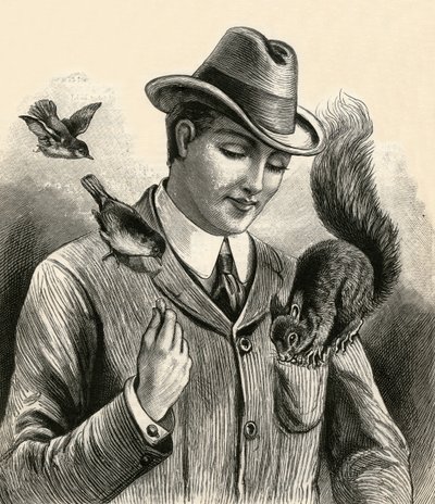 Mann, der ein Eichhörnchen und Vögel füttert von English School