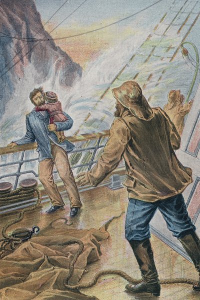 Mann trägt ein Kind und hält sich am Geländer eines Schiffes im Sturm fest (Farblithografie) von English School