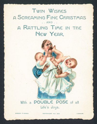 Mann hält schreiende Zwillingsbabys, Weihnachtskarte von English School