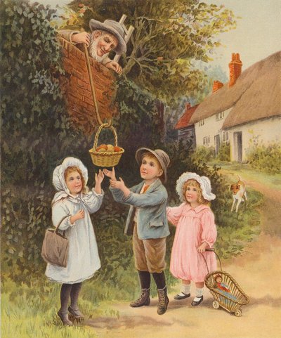 Mann senkt einen Korb mit Obst zu Kindern herab von English School