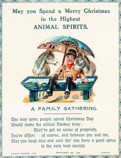 Mann sitzt im Wassertrog mit Regenschirm und zwei Eseln, Weihnachtskarte von English School