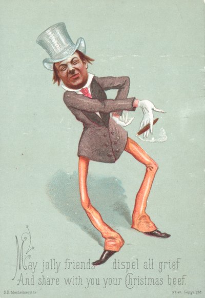 Mann mit Zylinder raucht Zigarre, Weihnachtskarte von English School