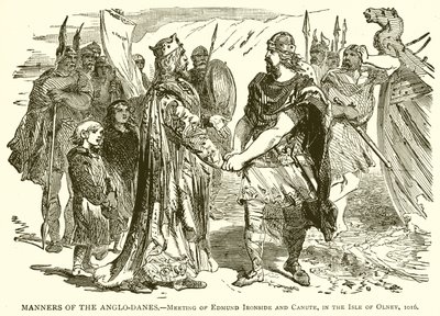 Sitten der Anglo-Dänen.--Treffen von Edmund Ironside und Knut auf der Insel Olney, 1016 von English School