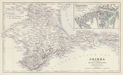 Karte: Krim, nach Huot und Demidoff, gezeichnet und graviert von J. Bartholomew, Edinburgh; Sewastopol, nach einem reduzierten Original-Russischen Plan, veröffentlicht in Berlin von English School