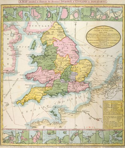 Karte von Großbritannien, die die drohende Invasion von Napoleon Bonaparte (1769-1821) 1803 illustriert von English School