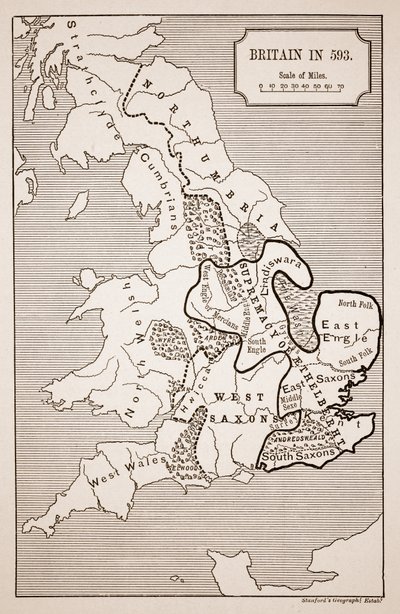 Karte von Großbritannien im Jahr 593 von English School