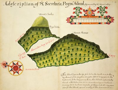 Karte der Secretaire- und Pepys-Inseln in der Magellanstraße, ca. 1628 von English School