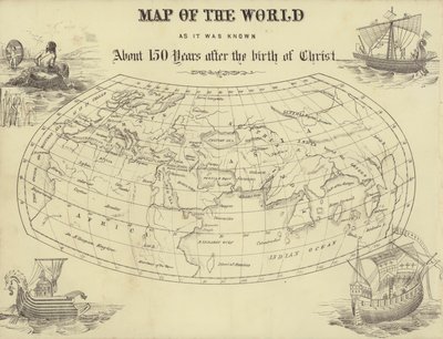 Weltkarte, wie sie etwa 150 Jahre nach Christi Geburt bekannt war (Stich) von English School